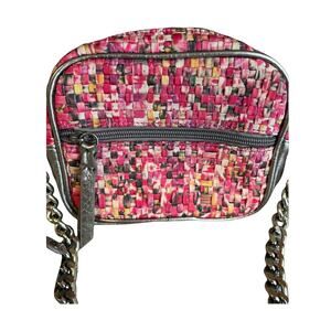 The Sak pink basket weave Crossbody Camera bag chain detail